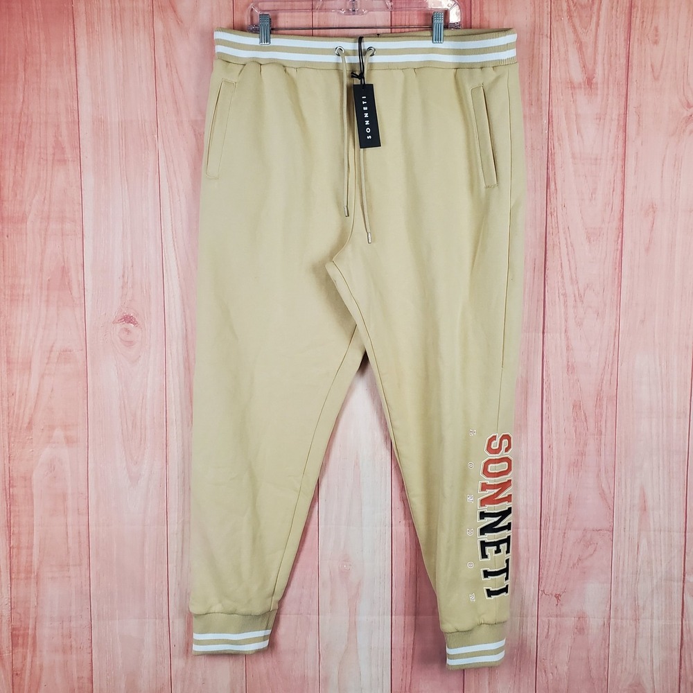 Sonneti London Varsity Jogger Pants‎ Mens 3XL Beige Cotton Fleece Lined Athletic